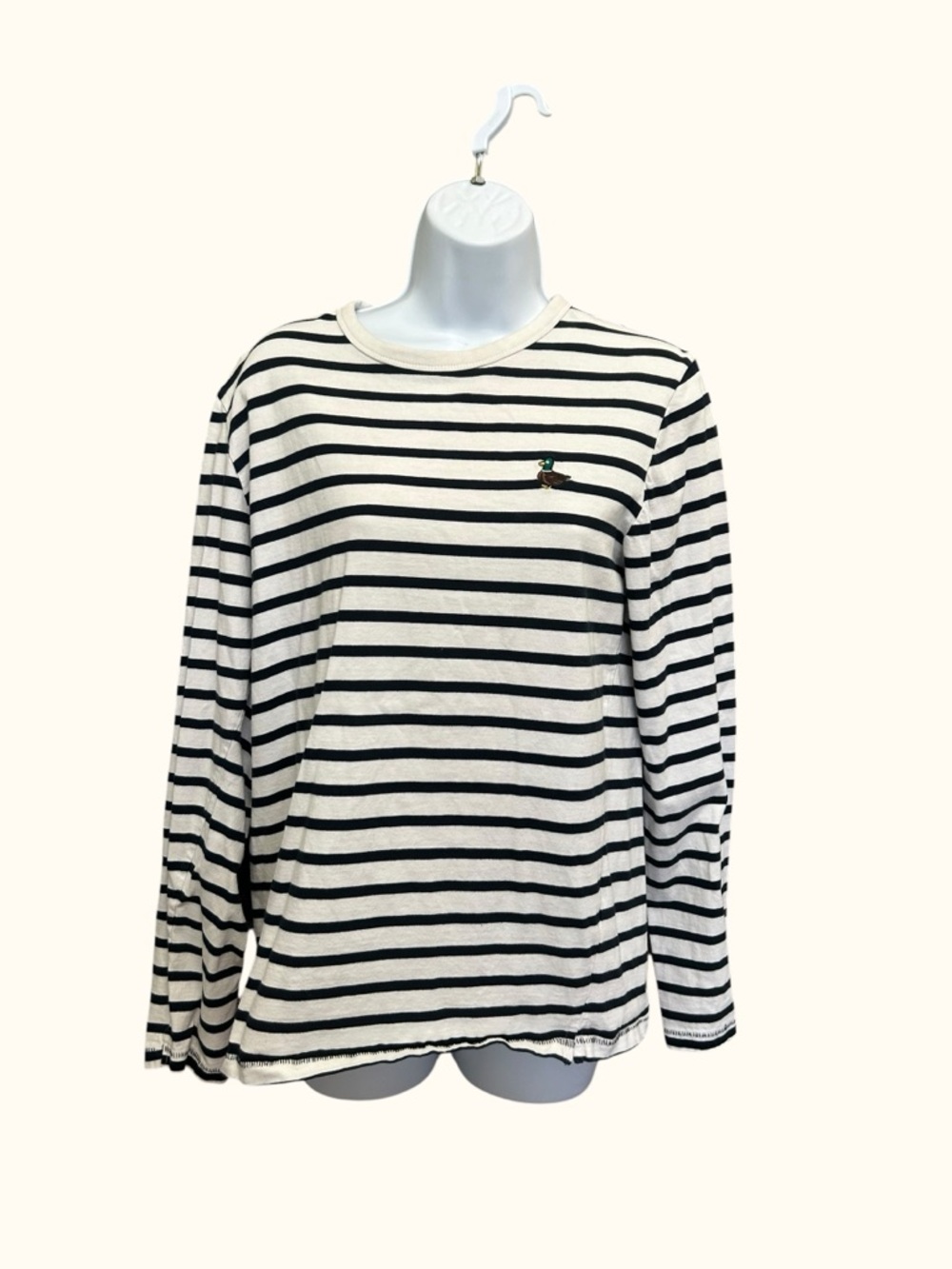 Denim & Flower Striped Long Sleeve Cotton Shirt Duck Embroidery Size S